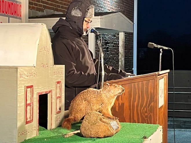 WMRN-AM radio personality Paul James oversees the annual Groundhog Day celebration on Thursday, Feb. 2, 2023, at the studios in Marion. According to Buckeye Chuck’s official forecast, Ohio is looking at six more weeks of winter.