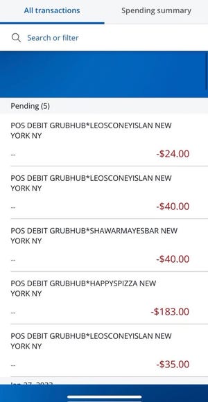 A snapshot of some of the orders Mason Stonehouse put in with Grubhub using his dad's phone.