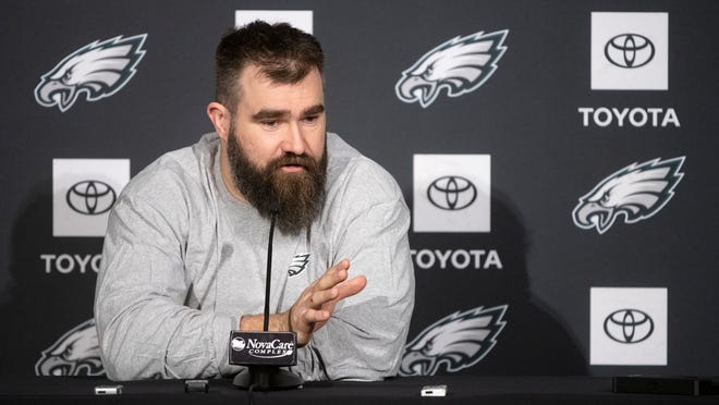 Philadelphia Eagles center Jason Kelce speaks during a press conference at the NovaCare Complex in Philadelphia on Friday, Feb. 3, 2023.  The Philadelphia Eagles will play the Kansas City Chiefs in Super Bowl LVII in Arizona on Sunday, Feb. 12, 2023.