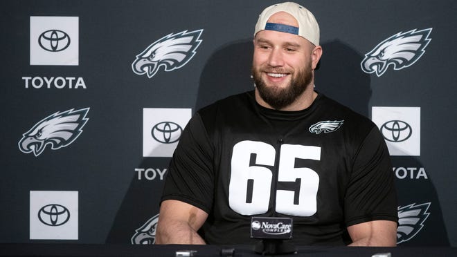Philadelphia Eagles offensive tackle Lane Johnson speaks during a press conference at the NovaCare Complex in Philadelphia on Friday, Feb. 3, 2023.  The Philadelphia Eagles will play the Kansas City Chiefs in Super Bowl LVII in Arizona on Sunday, Feb. 12, 2023.