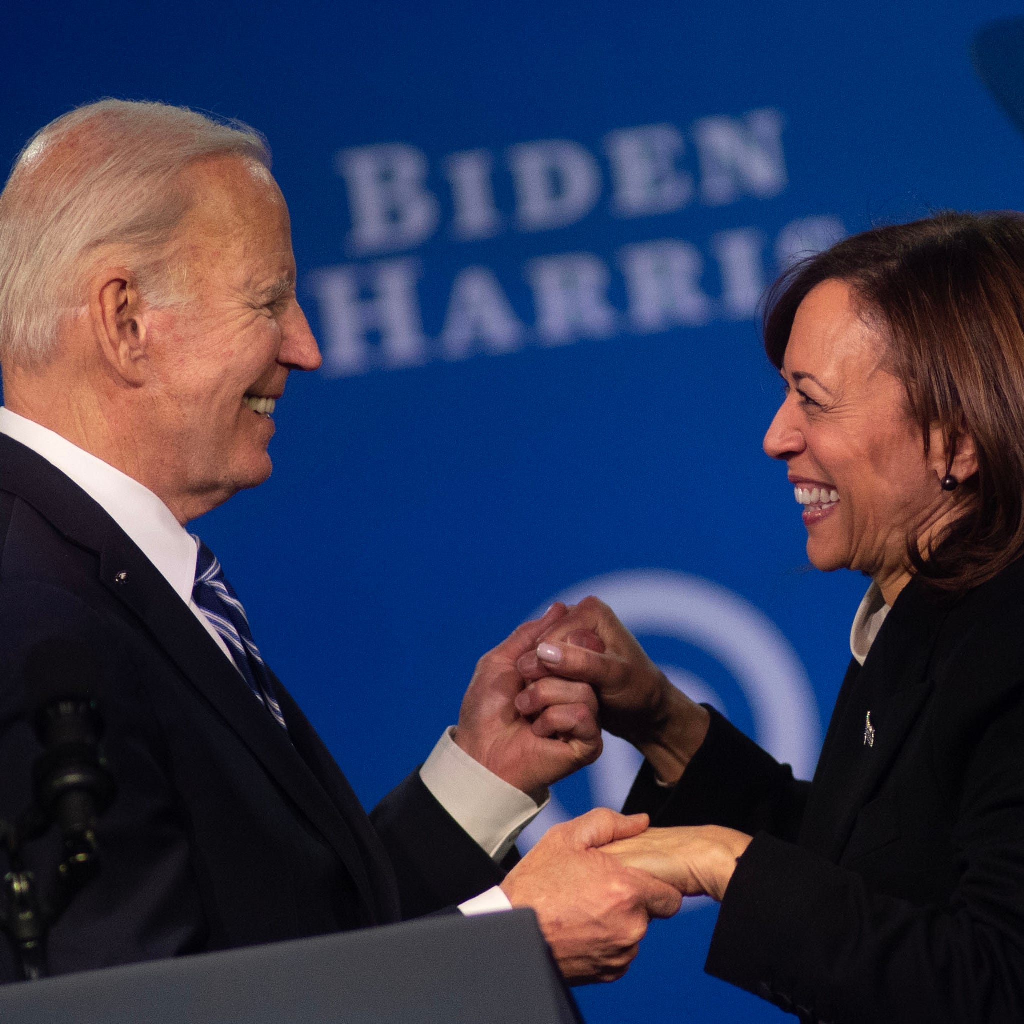 President Joe Biden and Vice President Kamala Harris greet the crowd after their remarks at the DNC Winter Meeting at Sheraton Philadelphia Downtown on Friday, Feb. 3, 2023.