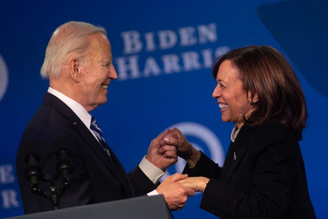 President Joe Biden and Vice President Kamala Harris greet the crowd after their remarks at the DNC Winter Meeting at Sheraton Philadelphia Downtown on Friday, Feb. 3, 2023.