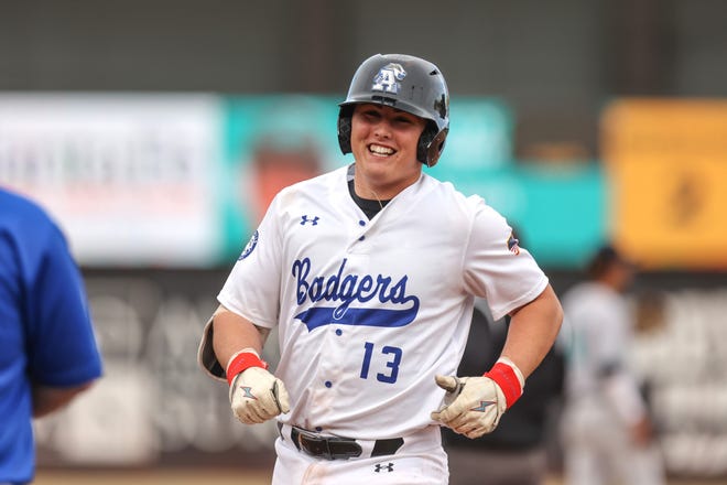 Amarillo College’s Austin Page (13) smiles after a hit in a non-conference game against Luna Community Saturday, February 4, 2023, at Hodgetown Ballpark, in Amarillo, Texas. Luna Community College won 18-6.