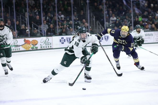 Michigan State forward Nicolas Muller skates with the puck in a game against Notre Dame on February 4, 2023 at Munn Ice Arena. MSU would go on to win the game, 3-2