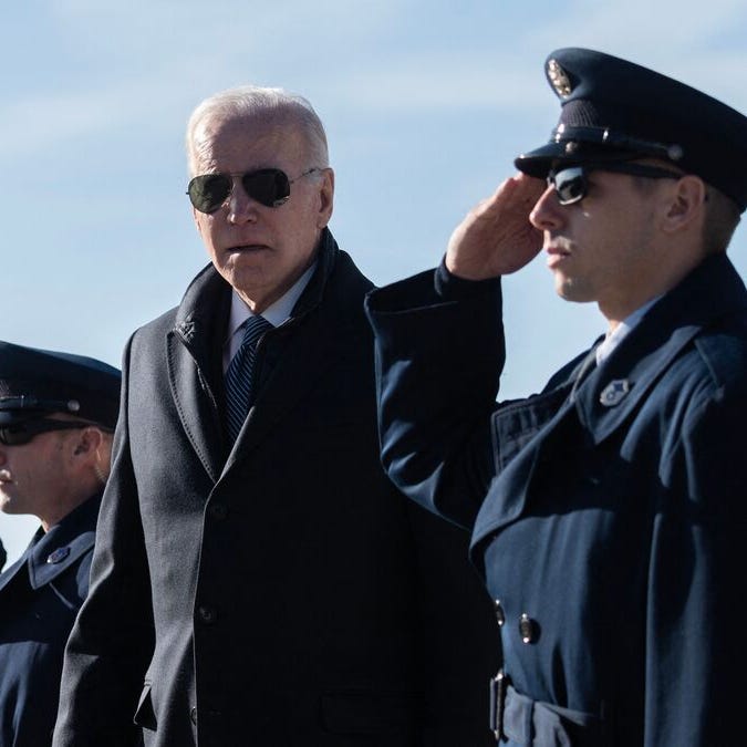 US President Joe Biden arrives at Hagerstown Regional Airport in Hagerstown, Maryland, on February 4, 2023. Biden on Saturday congratulated fighter pilots for taking down a Chinese spy balloon off the east coast after it spent several days flying over the US. "They successfully took it down. And I want to compliment our aviators who did it," Biden told reporters in Maryland.