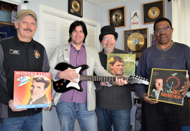 The Del Shannon Weekend is scheduled for June, which will include a tribute concert featuring singer James Popenhagen, second from left. The event will also include a car show and an exhibit and event at the Battle Creek Regional History Museum. Among the organizers helping to put on the event are, from right, Doug Sturdivant, president of the museum, Michael Delaware, local historian, and Del Kilbourne, President of the Misfits Car Club.
