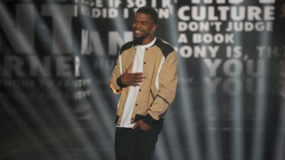 Poet Brandon Leake, also Mandel's Golden Buzzer in Season 15, returned excited to perform for a live audience, as he competed during the pandemic.