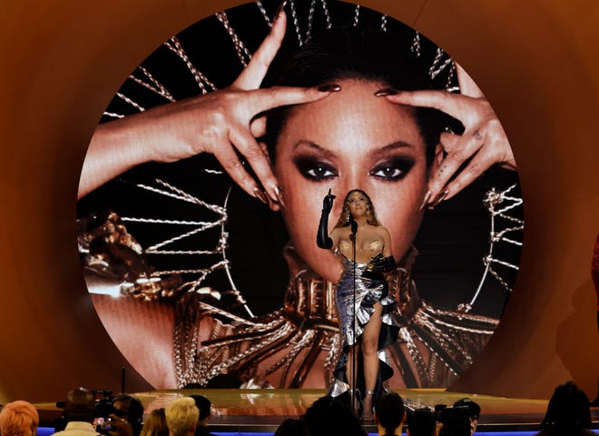 Beyoncé accepts the best dance/electronic recording award for her album “Renaissance” at the Grammys on Feb. 05, 2023, in Los Angeles.