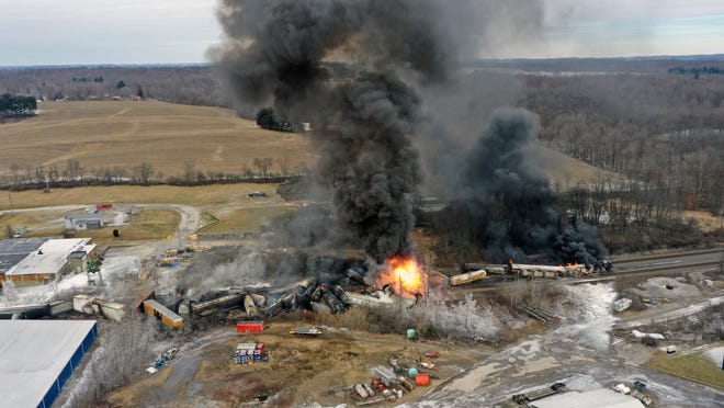 This photo taken with a drone shows portions of a Norfolk and Southern freight train that derailed on February 3, 2023 in East Palestine, Ohio.
