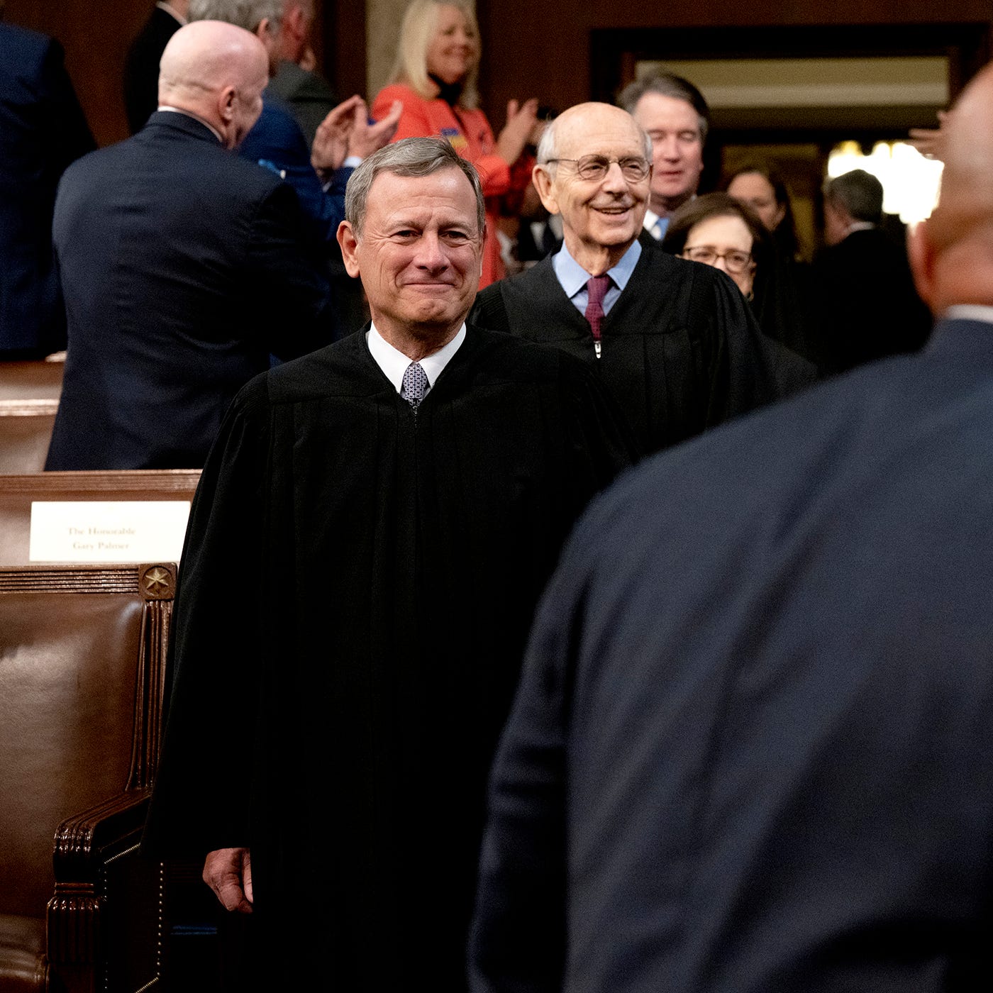 Supreme Court Chief Justice John Roberts, center, and Justice Stephen Breyer arrive for the State of the Union address by President Joe Biden to a joint session of Congress in the U.S. Capitol House Chamber on March 1, 2022.