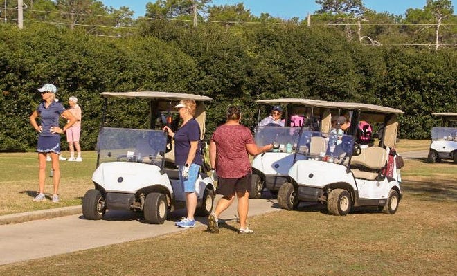 Seven foursomes of snowbird ladies line up to tee off at the annual Ladies Scrambles held at Fort Walton Beach Golf Club on Feb. 6.