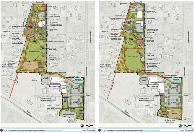 Alternative Concept A, left, and Alternative Concept B, right, of the proposed St. Charles Mesa Community Recreation Center.