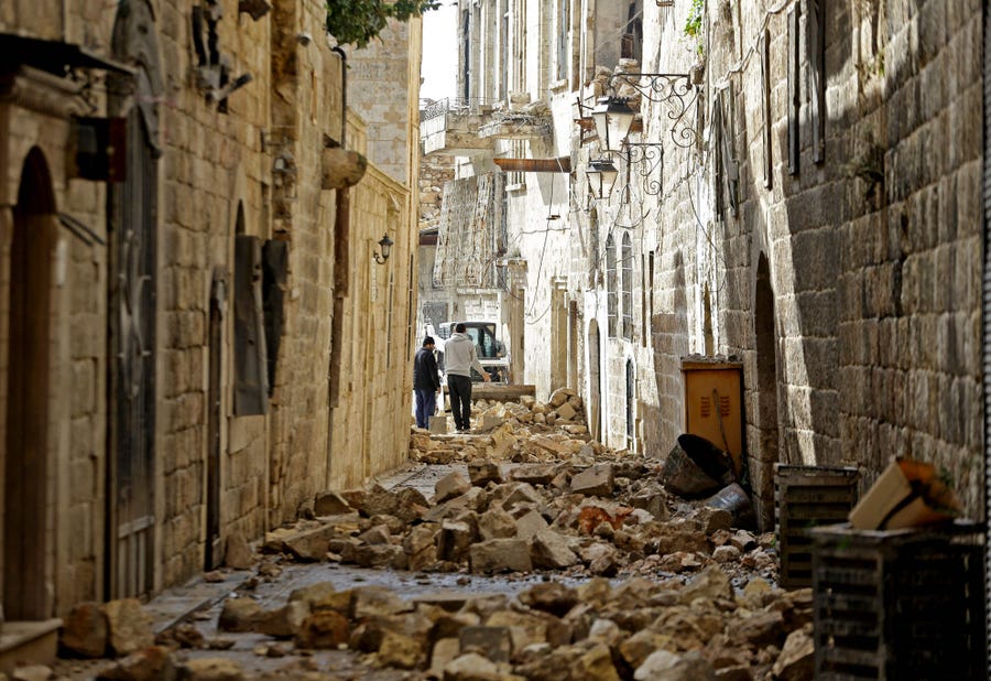 A picture shows rubble in Aleppo's old town on Feb. 7, 2023, following a deadly quake. - The Syrian Red Crescent appealed to Western countries to lift sanctions and provide aid after a powerful earthquake killed more than 1,600 people across the war-torn country. The 7.8-magnitude quake early the previous day, which has also killed thousands in neighboring Turkey, led to widespread destruction in both regime-controlled and rebel-held parts of Syria.