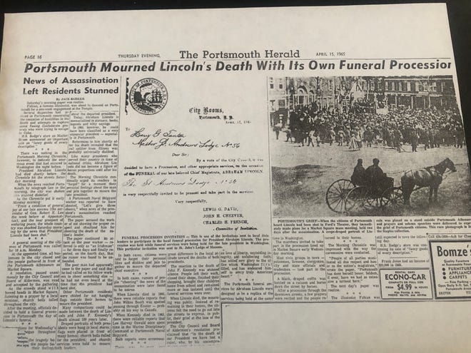 This April 15, 1965, Portsmouth Herald article was published on the 100th anniversary of President Lincoln's death by assassination and describes the Port City's reaction to the tragedy.