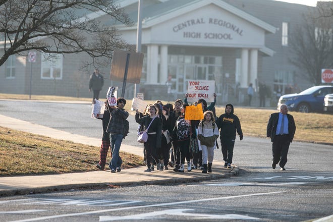 Students of Central Regional High School protest along Forest Hills Parkway. The students are upset with inaction by the district regarding bullying within the school system which they feel helped lead to the recent death of a fellow student.  Berkeley Township, NJWednesday, February 8, 2023