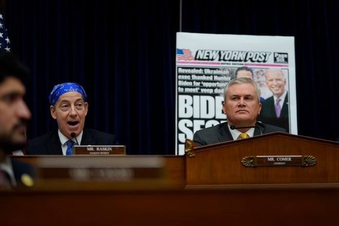 Rep. Jamie Raskin, D-MD., left, and Rep. James Comer, R-KY., are seen during the House Committee on Oversight and Accountability hearing on “Protecting Speech from Government Interference and Social Media Bias, Part 1: Twitter’s Role in Suppressing the Biden Laptop Story," on Feb. 8, 2023 in Washington.