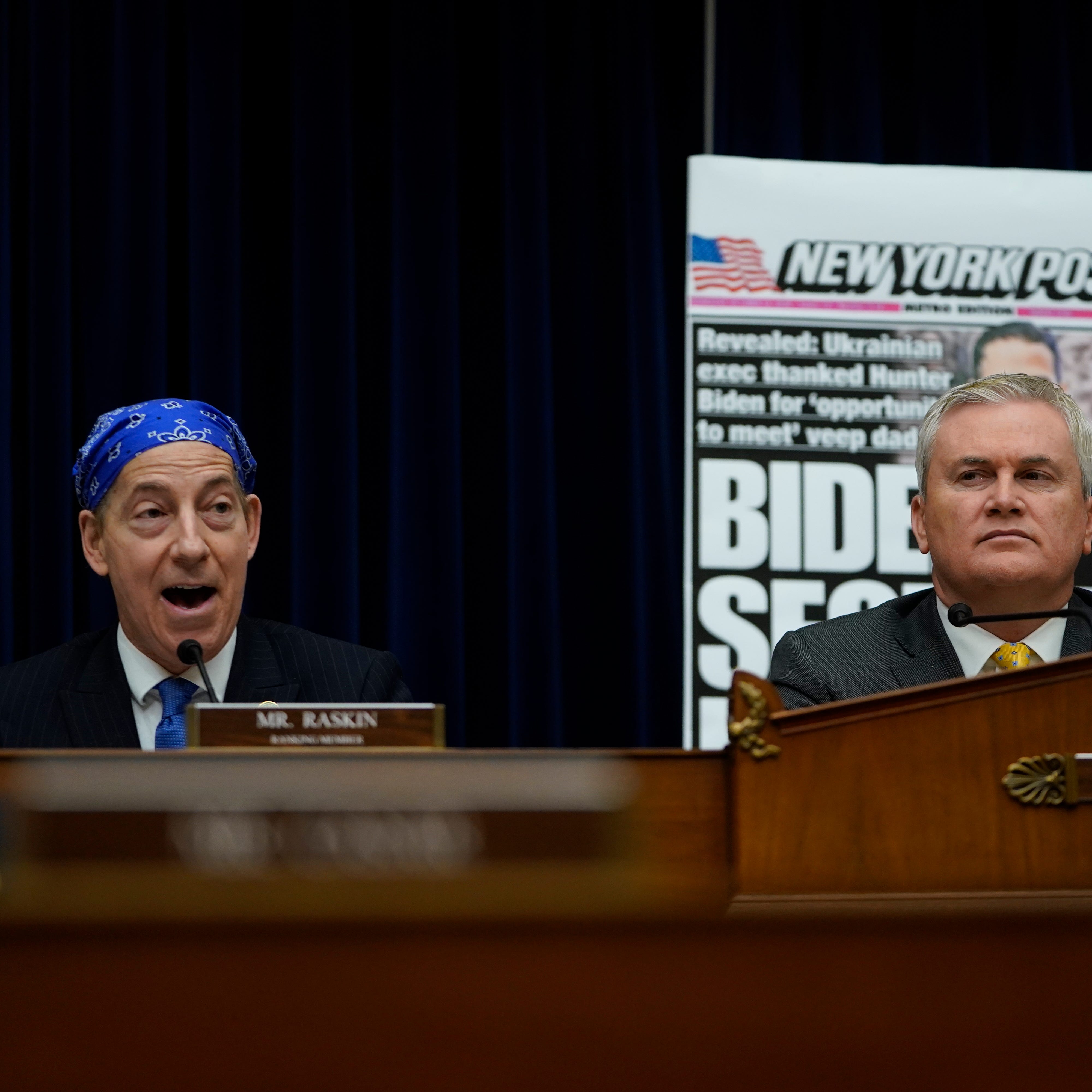 Rep. Jamie Raskin, D-MD., left, and Rep. James Comer, R-KY., are seen during the House Committee on Oversight and Accountability hearing on 