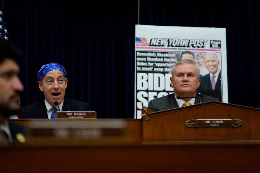 Rep. Jamie Raskin, D-MD., left, and Rep. James Comer, R-KY., are seen during the House Committee on Oversight and Accountability hearing on 