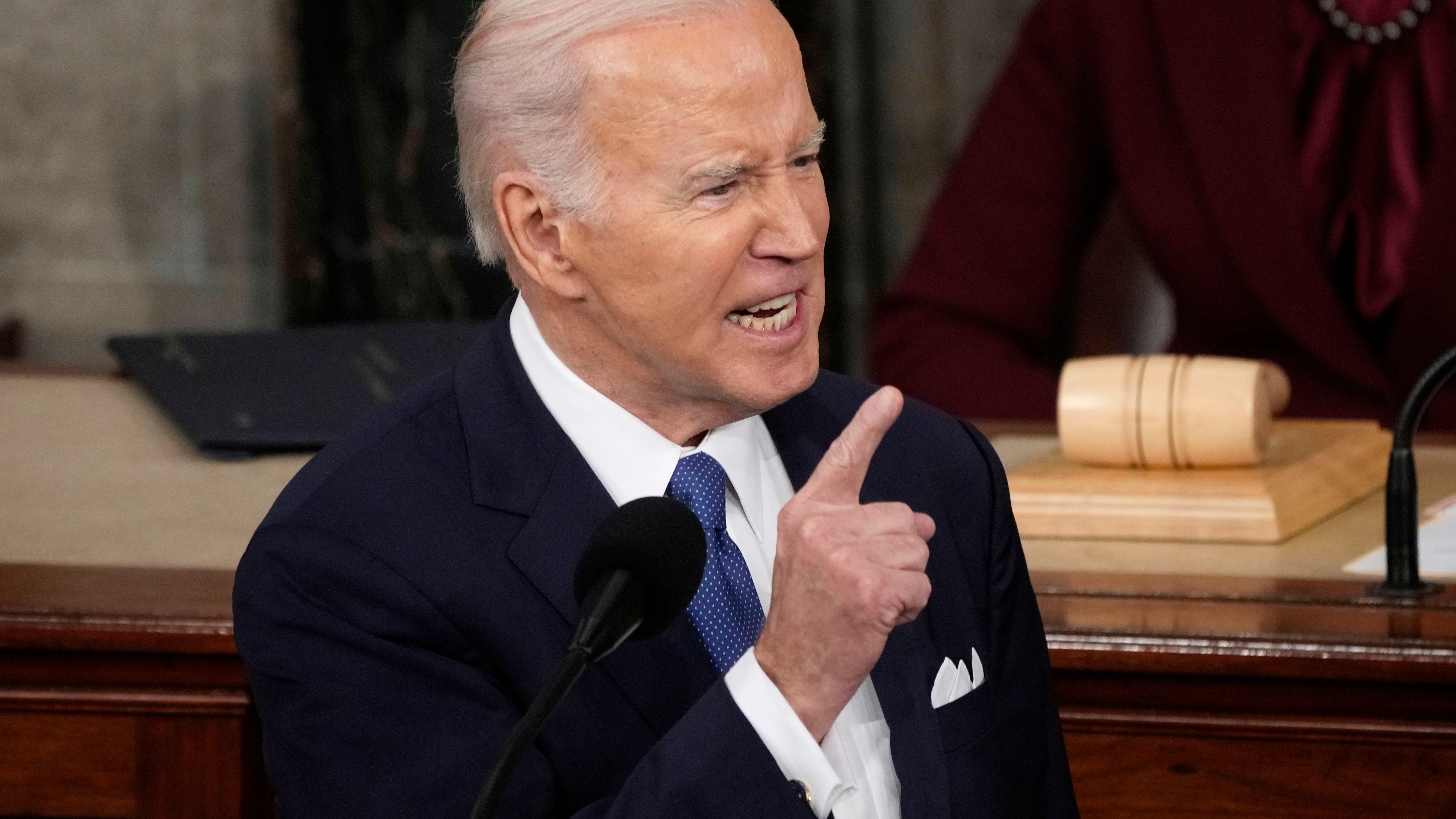 President Joe Biden speaks during the State of the Union address from the House chamber of the United States Capitol in Washington.