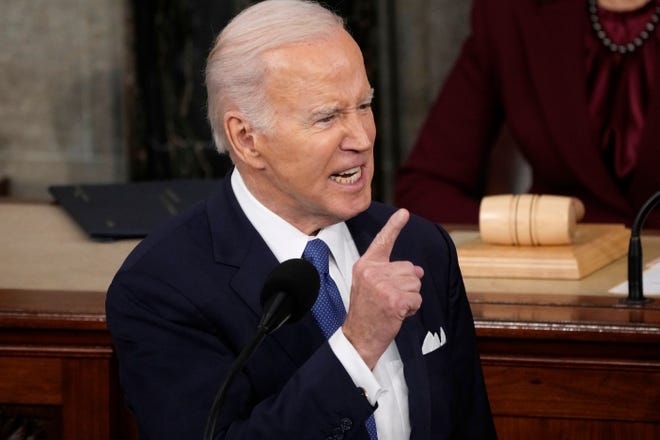 President Joe Biden speaks during the State of the Union address from the House chamber of the United States Capitol in Washington.