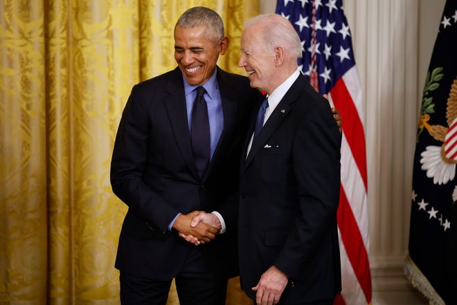 WASHINGTON, DC - APRIL 05: Former President Barack Obama (L) and U.S. President Joe Biden shake hands during an event to mark the 2010 passage of the Affordable Care Act in the East Room of the White House on April 05, 2022 in Washington, DC. With then-Vice President Joe Biden by his side, Obama signed 'Obamacare' into law on March 23, 2010. (Photo by Chip Somodevilla/Getty Images) ORG XMIT: 775796511 ORIG FILE ID: 1389742583