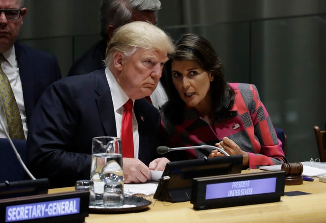 President Donald Trump and Nikki Haley, U.S. ambassador to the United Nations, at the U.N. General Assembly on Sept. 24, 2018, in New York.