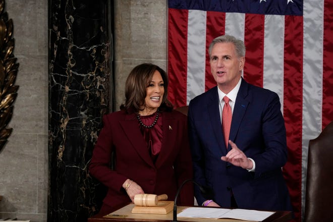 Vice President Kamala Harris and Speaker of the House Kevin McCarthy speaks before the State of the Union address from the House chamber of the United States Capitol in Washington.
