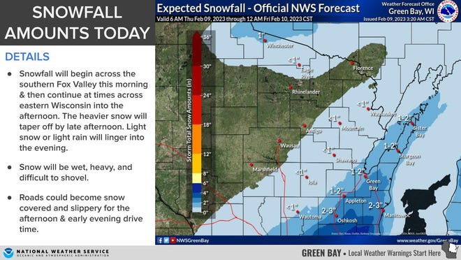 An updated map of snow totals in northeast Wisconsin was released for Feb. 9, 2023.
