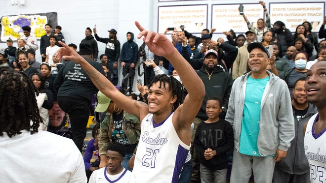 Camden's DJ Wagner celebrates during the final moments of the boys basketball game between Camden and Bishop Eustace played  at Camden High School on Thursday, February 9, 2023.  DJ Wagner scored his 2,000th career point during the game as Camden defeated Bishop Eustace, 90-52.  