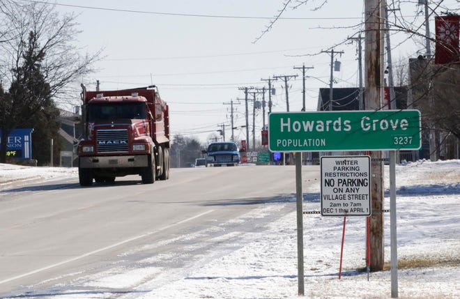 Howards Grove has a population of 3237 according to a sign along state Highway 32, Friday, February 10, 2023, in Howards, Grove, Wis.