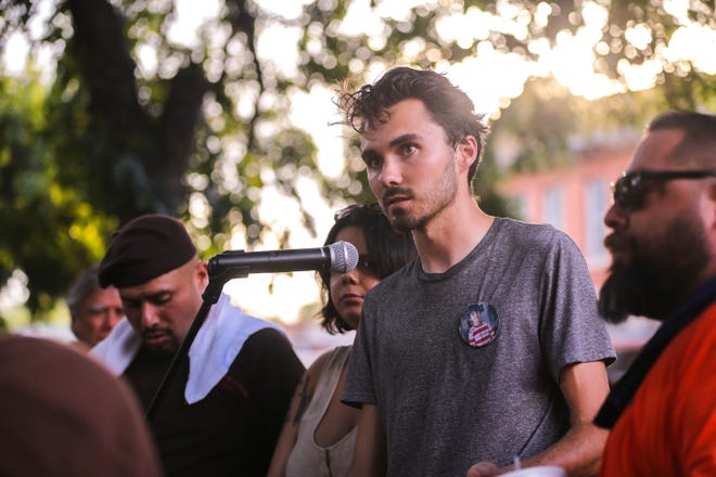 David Hogg, a survivor of the 2018 mass shooting in Parkland, Florida, speaks in Uvalde, Texas on July 10, 2022.