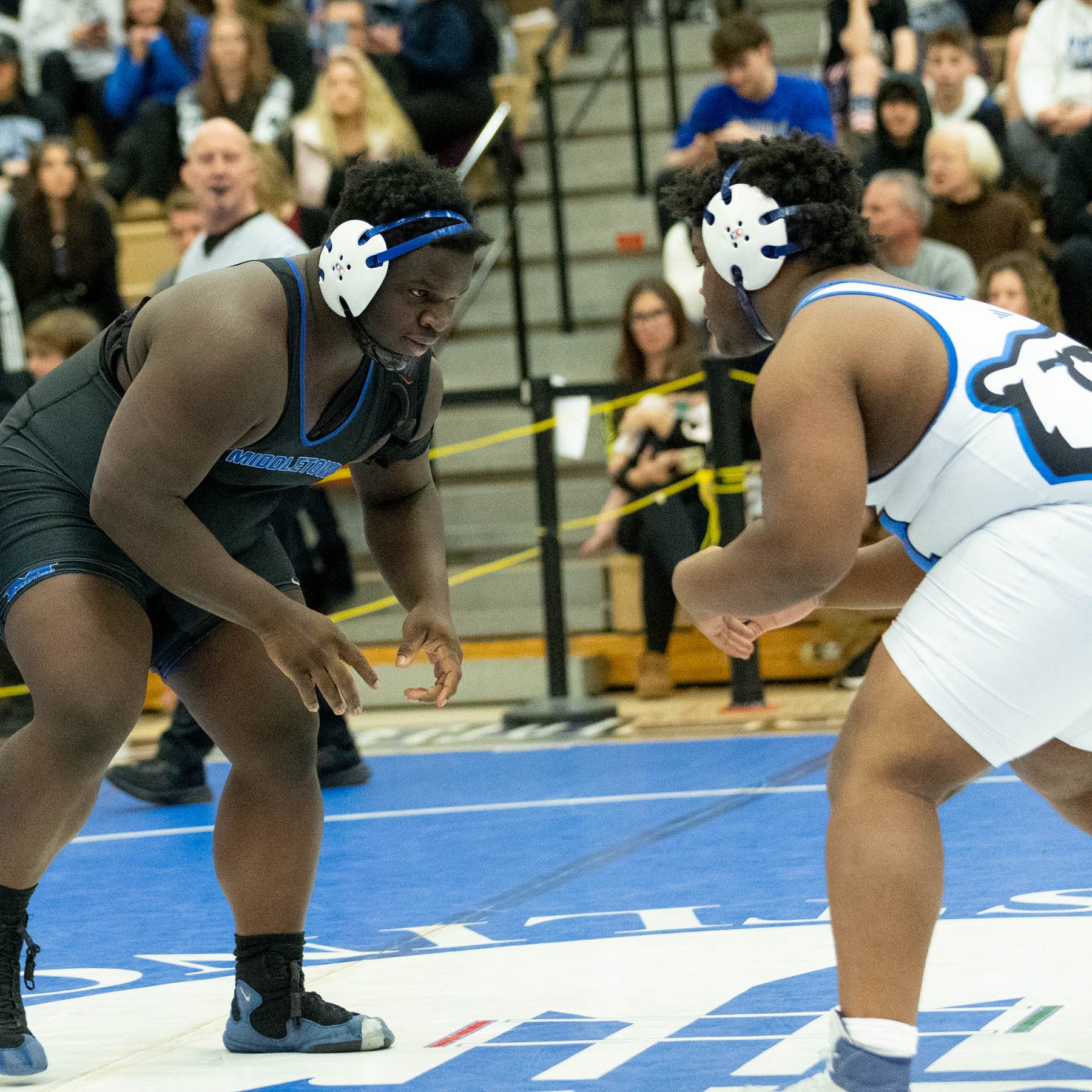 Middletown's Stephan Monchery, left wrestles Middletown's Rahmiere Bradley, right in the 285 weight class in the Section 9 Division I wrestling finals in Central Valley, NY on Saturday February 11, 2023.ALLYSE PULLIAM/For the Times-Herald Record.