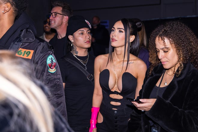 Megan Fox attends the Cash App & Visa Present h.wood Homecoming party in Scottsdale with fiancé Machine Gun Kelly ahead of Super Bowl 57 on Feb. 10, 2023.