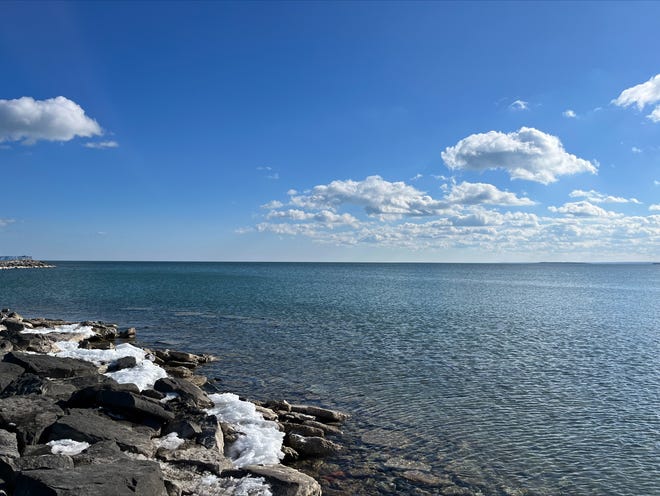 The Lake Huron shore of Thunder Bay in Alpena is shown on Monday, Feb. 13, 2023.