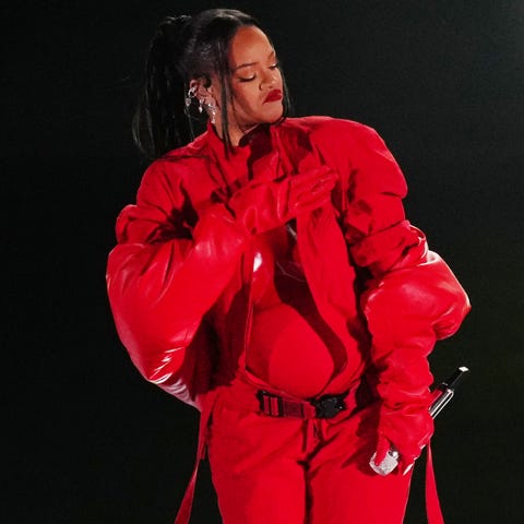 Rihanna performs during halftime of Super Bowl 57.