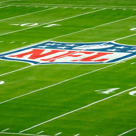 The NFL logo is seen on  Jan. 31, 2023, on the fie