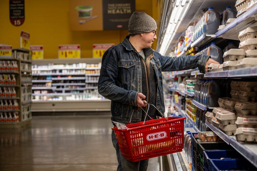 AUSTIN, TEXAS - FEBRUARY 08: A customer shops for eggs at a H-E-B grocery store on February 08, 2023 in Austin, Texas. Wholesale egg prices have begun declining more than 50% since December record highs according to Urner Barry data. (Photo by Brandon Bell/Getty Images) ORG XMIT: 775938581 ORIG FILE ID: 1464257767