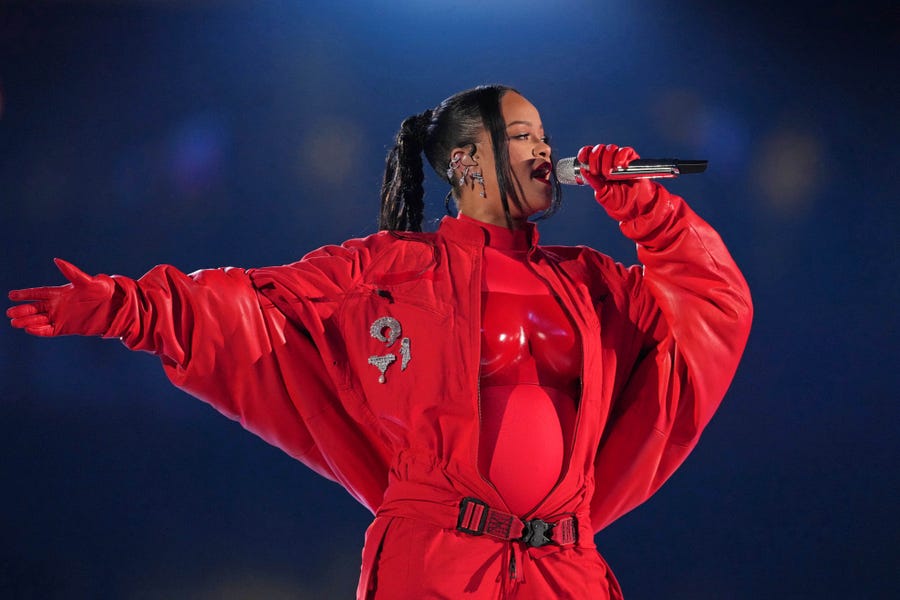 February 12, 2023 Rihanna performs during the halftime show of Super Bowl LVII at State Farm Stadium in Glendale, Ariz.