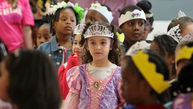 Naya Hassouna, 5, waits her turn to meet the king and queen during the Cinderella Ball held Tuesday morning, Feb. 14, 2023, at Gardner Park Elementary School.