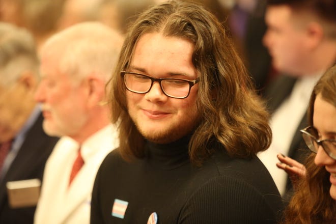 Adam Kellogg, a student at the University of Kansas who is transgender, testified Tuesday before the Senate Public Health and Welfare Committee in opposition of a bill to ban gender-affirming care for minors..