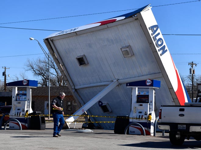 The canopy for the Allsup's convenience store at North Tenth and Mockingbird streets blew over Tuesday morning. Gusting winds of at least 44 mph were to blame. A wind advisory is in effect through 6 p.m. Tuesday. Gusts could top 50 mph. It should be windy again Wednesday and Thursday, though not as severe.