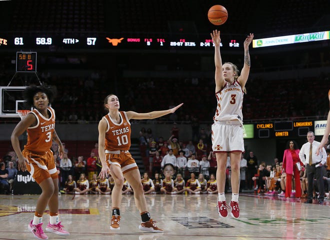 Iowa State guard Denae Fritz takes a 3-point shot in front of Texas guard Shay Holle during the fourth quarter of the Cyclones' 66-61 win Monday night in Ames, Iowa. The win snapped a three-game losing streak for Iowa State.