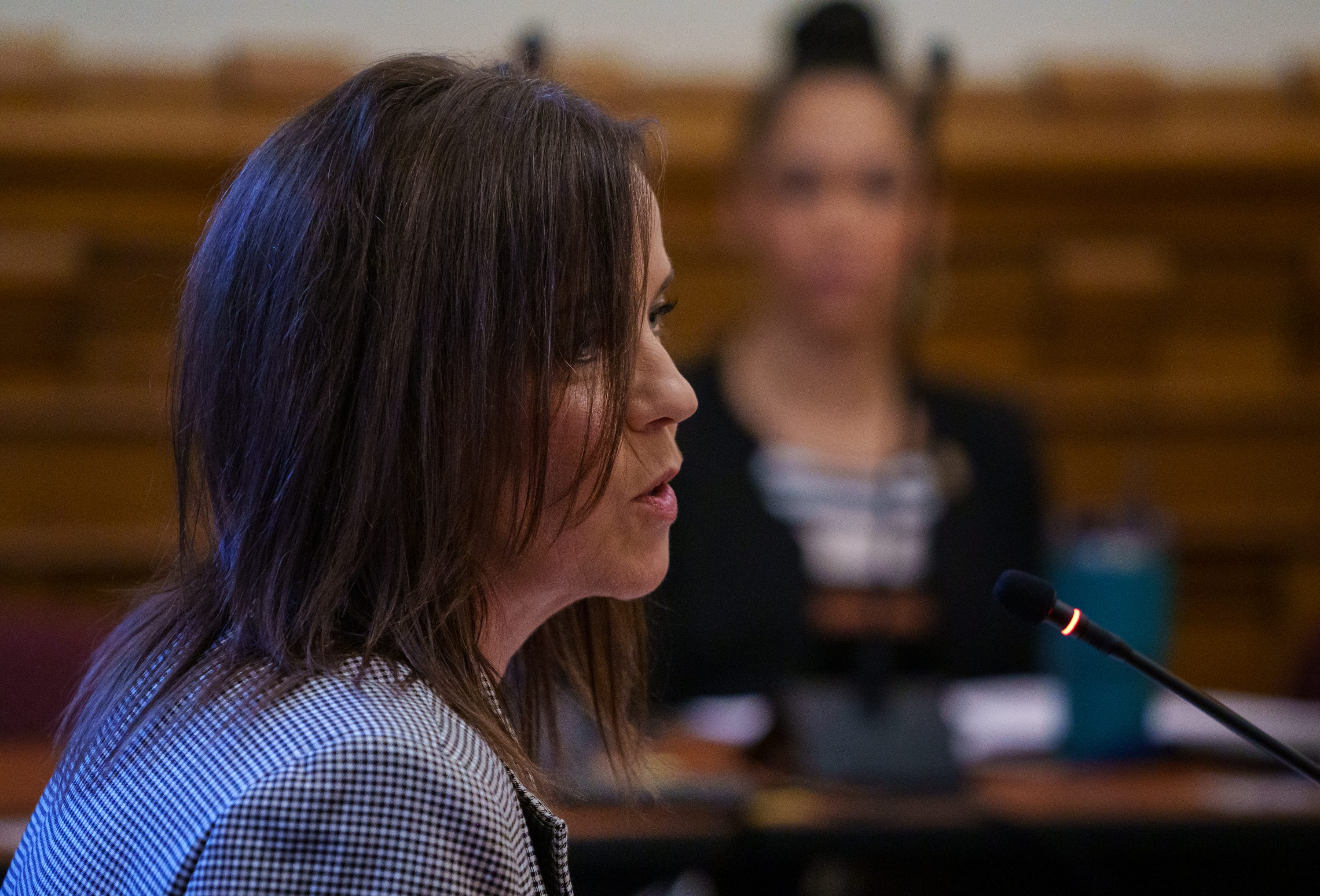 Julie West, of La Porte, Indiana, testifies Monday, Feb. 6, 2023, during a Senate Family and Children Services committee meeting on Senate Bill 369, which requires AEDs on the premise of sporting events. West lost her son, Jake, to sudden cardiac arrest in 2013.