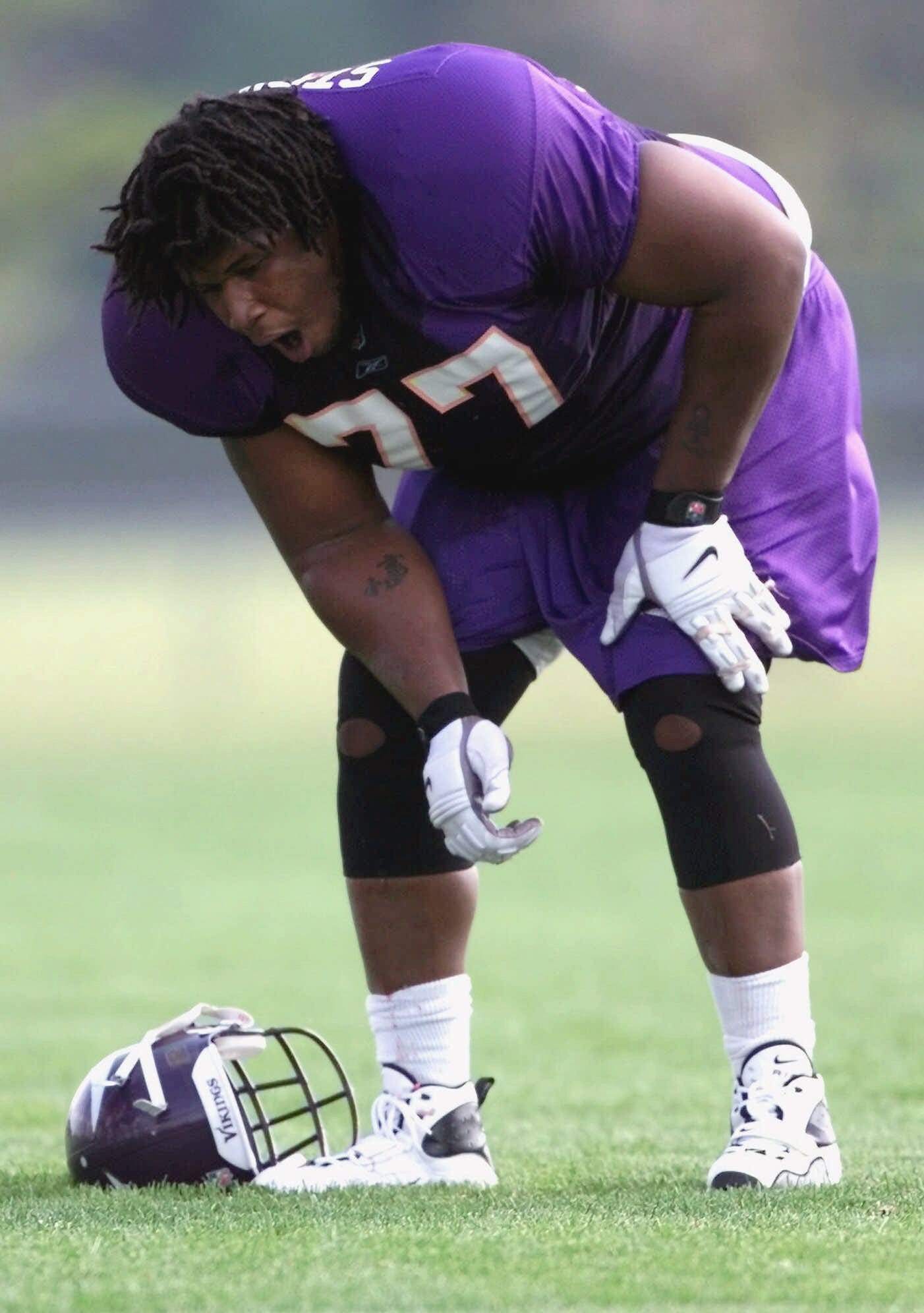 Minnesota Viking Korey Stringer, 27, gasps for air during a late July 2001 practice. Stringer collapsed during the next day's practice and died soon after from the effects of heat stroke.