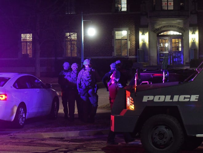 First responders prepare to sweep Snyder Hall on the campus of Michigan State University in East Lansing Monday, Feb. 13, 2023.