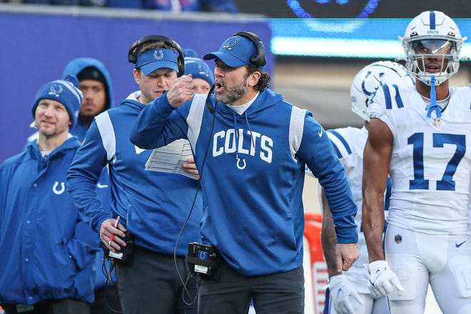 Indianapolis Colts head coach Jeff Saturday reacts during the second half against the New York Giants at MetLife Stadium on Jan 1, 2023 in East Rutherford, New Jersey.