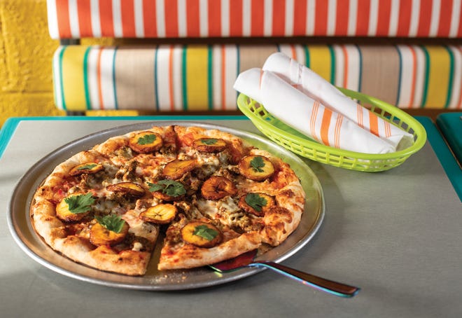 The piñon pizza featuring plantains and Impossible sausage at Off Center: Patio & Pub in Hilliard