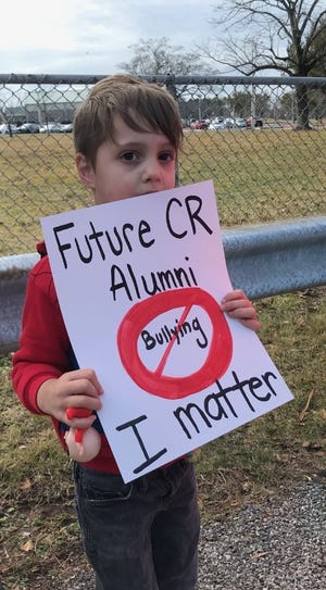 Three-year-old Shuler Belcaro joined his mother, Jennifer, at an anti-bullying protest outside Central Regional High School in Berkeley Township on Feb. 15, 2023