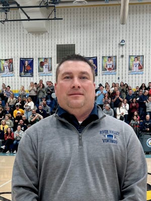 Matt Waddle was introduced as River Valley's new head football coach during Tuesday's home boys basketball game with Centerburg.