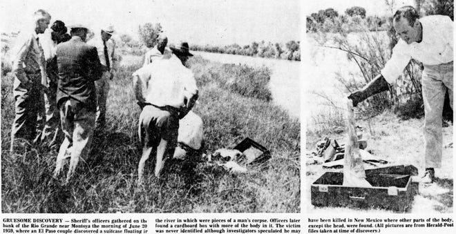 Oct. 29, 1973, El Paso Herald-Post: Sheriff's officers gathered on the bank of the Rio Grande where an El Paso couple discovered a suitcase floating in the river in which were pieces of a man's corpse.